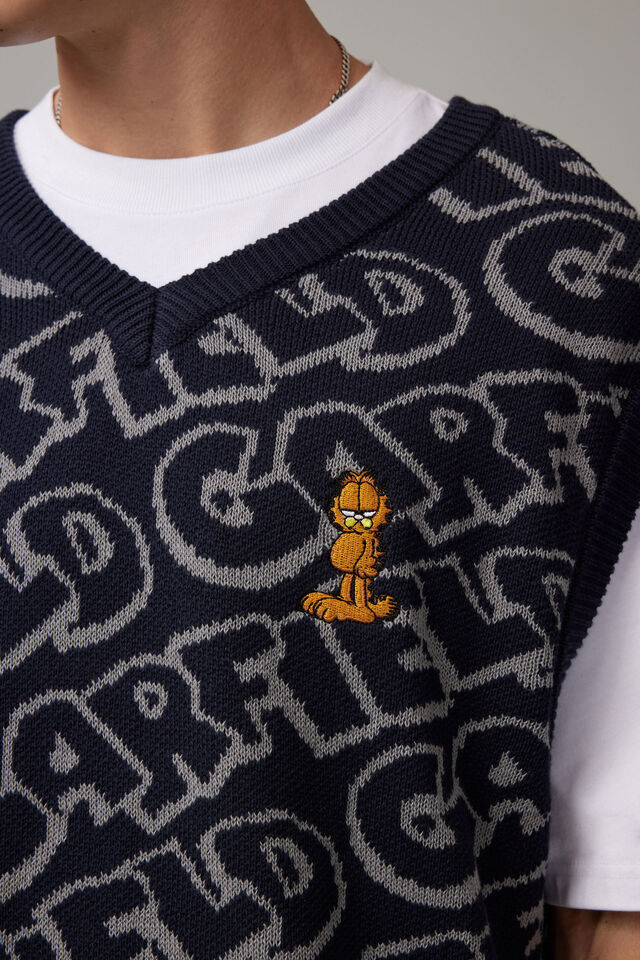 Garfield X Half Half Knit Vest, LCN GAR NAVY/GARFIELD WORDS
