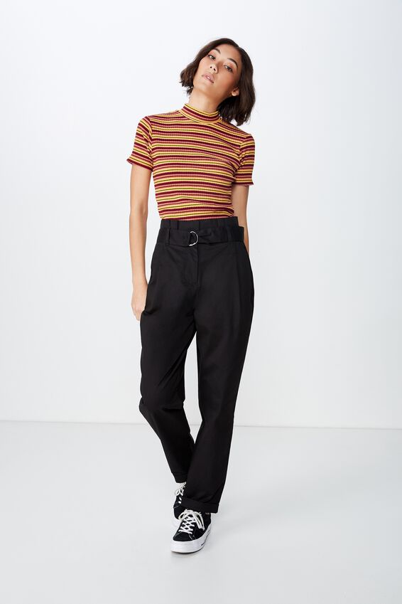Paperbag Belted Pant, BLACK