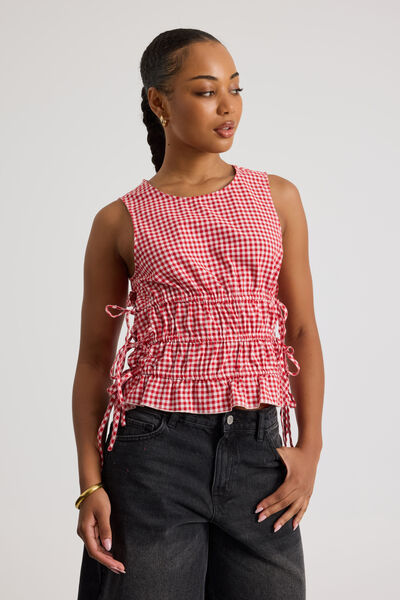 Remi Ruched Tie Top, RED GINGHAM