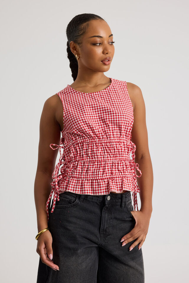 Remi Ruched Tie Top, RED GINGHAM