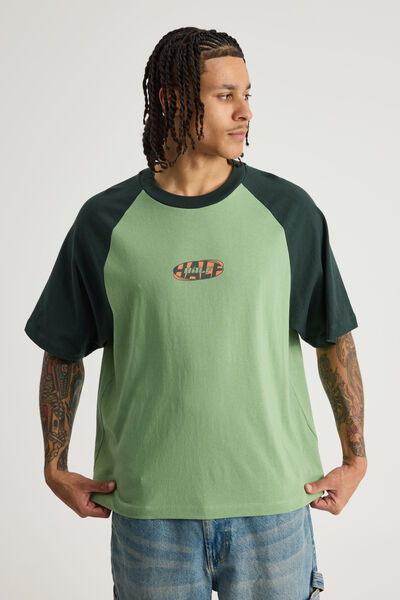 Half Half Boxy Raglan Tshirt, HH PEPPERMINT/KELP VANDALISE