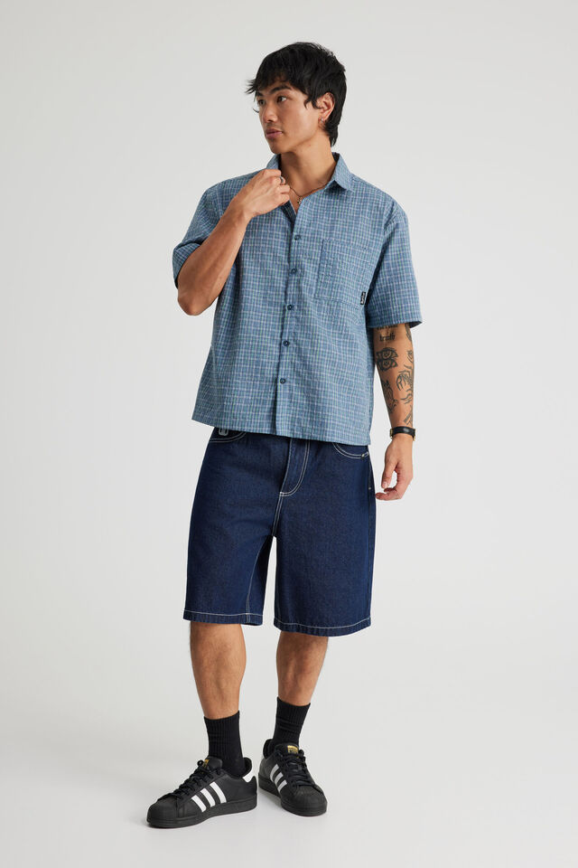 Half Half Short Sleeve Shirt, HH BLUE GREY NEON CHECK