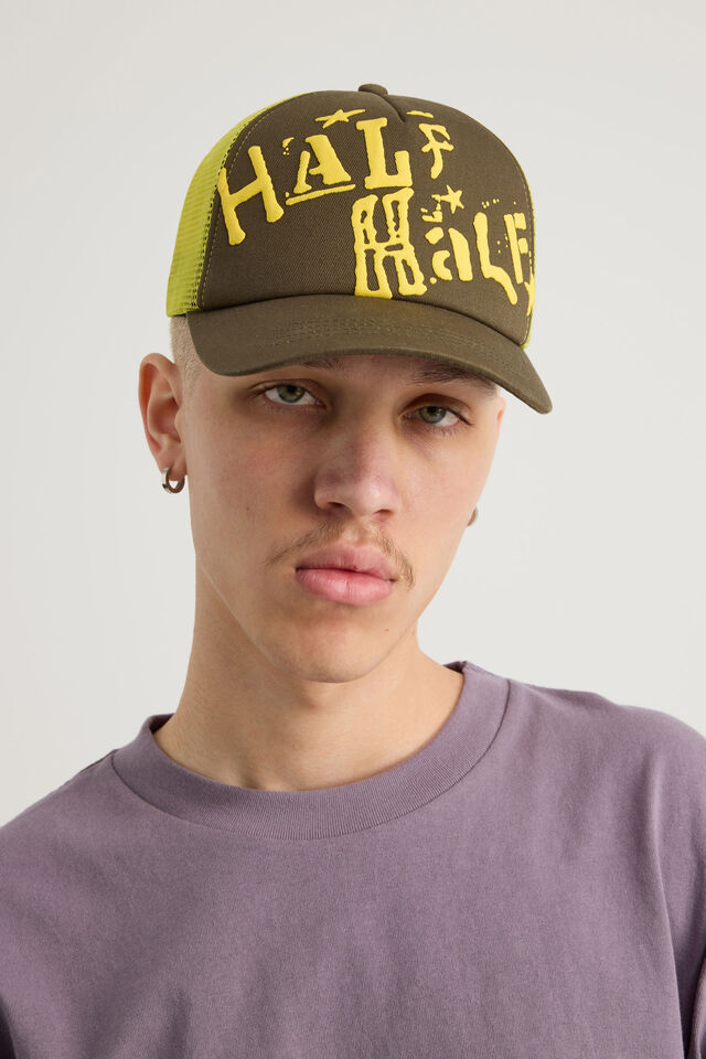 Half Half Magical Logo Trucker Cap, HALF HALF KHAKI YELLOW