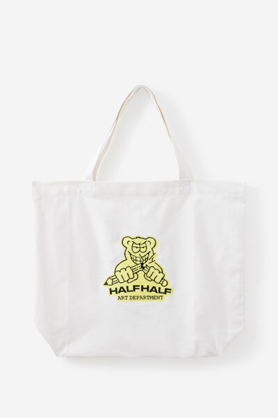 Half Half Large Tote Bag, HH WHITE W YELLOW BEAR LOGO