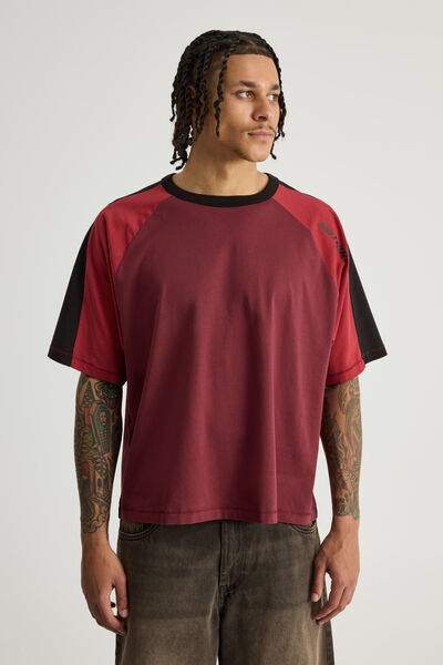 Notion Boxy Cropped Raglan Tshirt, NTN WASHED TUSCAN RED/ BORDEAUX NOTION BADGE