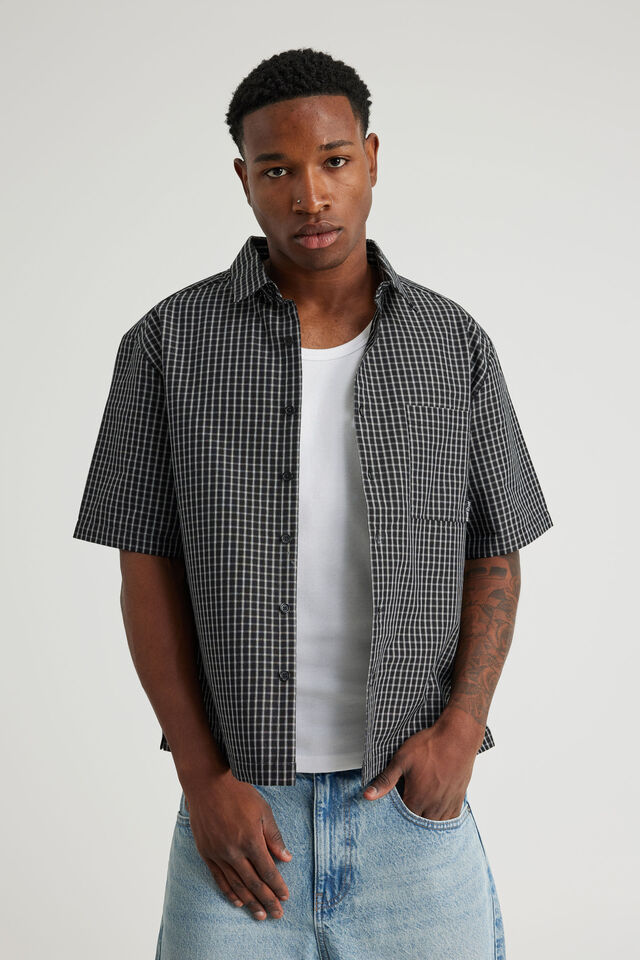 Half Half Short Sleeve Shirt, HH BLACK WHITE GRID CHECK