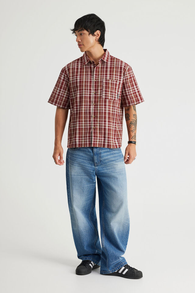 Half Half Short Sleeve Shirt, HH MERLOT CHECK