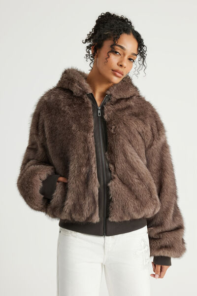 Cold Crush Faux Fur Bomber, MOCHA MATRIX
