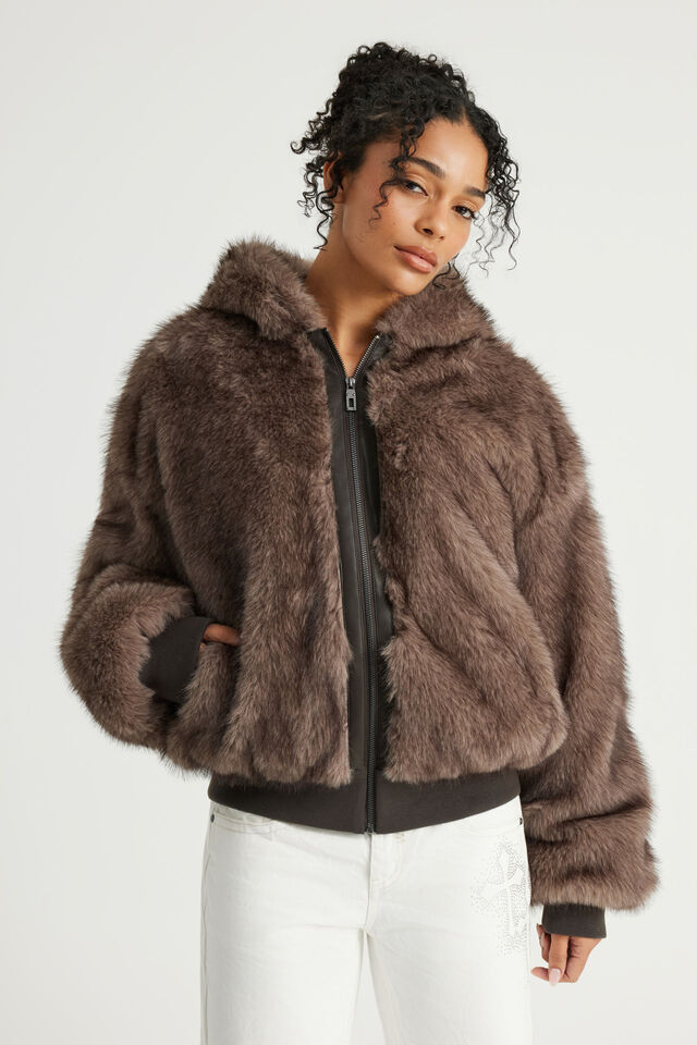 Cold Crush Faux Fur Bomber, MOCHA MATRIX
