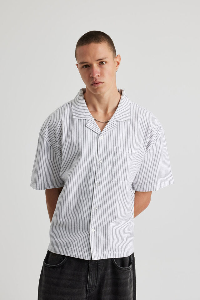 Boxy Cropped Short Sleeve Shirt, BLACK WHITE OXFORD STRIPE