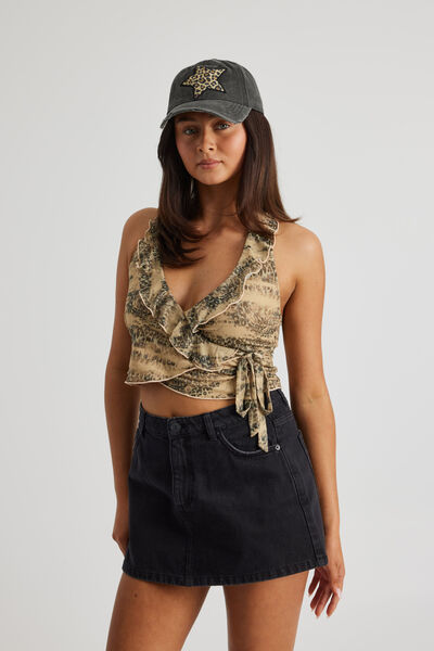 Piper Mesh Wrap Halter Top, DISTRESSED LEOPARD