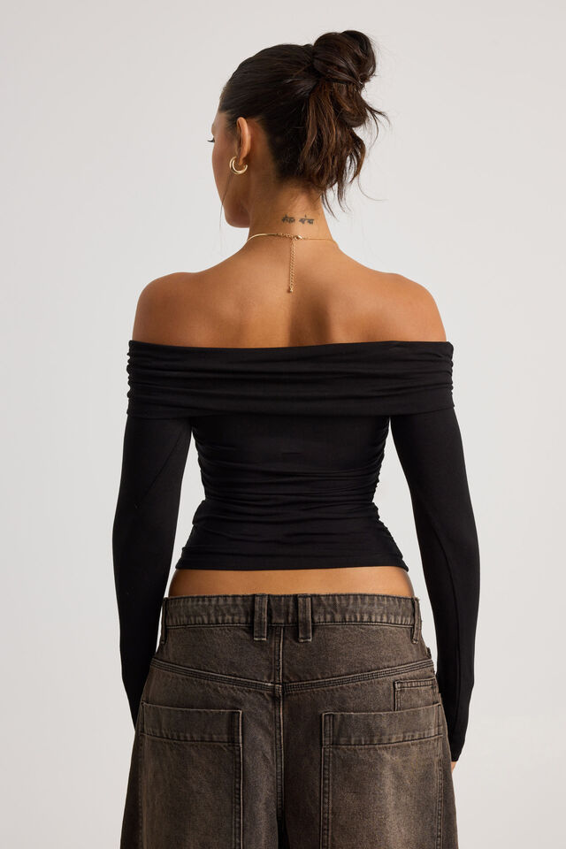 Shay Off Shoulder Long Sleeve Top, BLACK