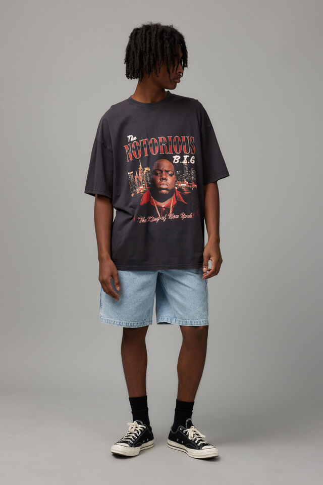 Oversized Music Merch T Shirt, LCN MT WASHED BLACK/BIGGIE KING OF NY