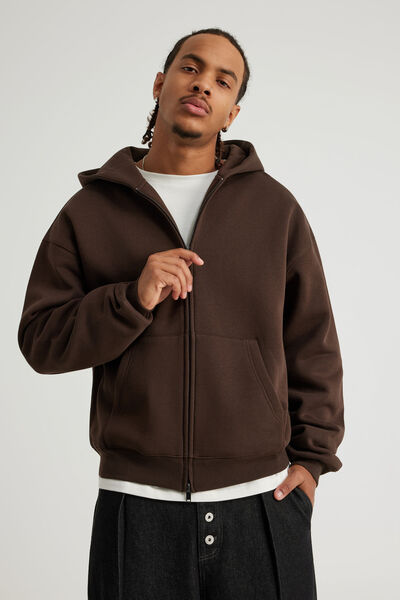 Authentics Boxy Zip Thru Hoodie, WALNUT