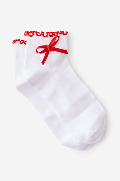 Girls Everyday Quarter Sock, WHITE RED RIBBON BOW
