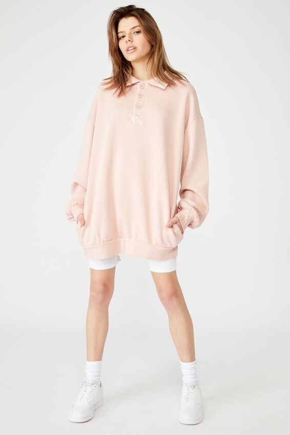 Oversized Collared Crew, WASHED CORAL