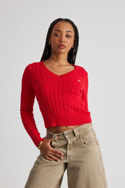 Lena Cable Knit V Neck Sweater, POSTBOX RED/CHERRRY