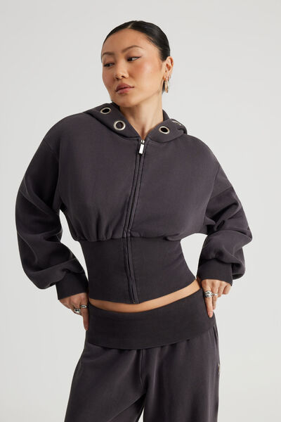Notion Corset Zip Through Hoodie, NTN WASHED BLACK/EYELET