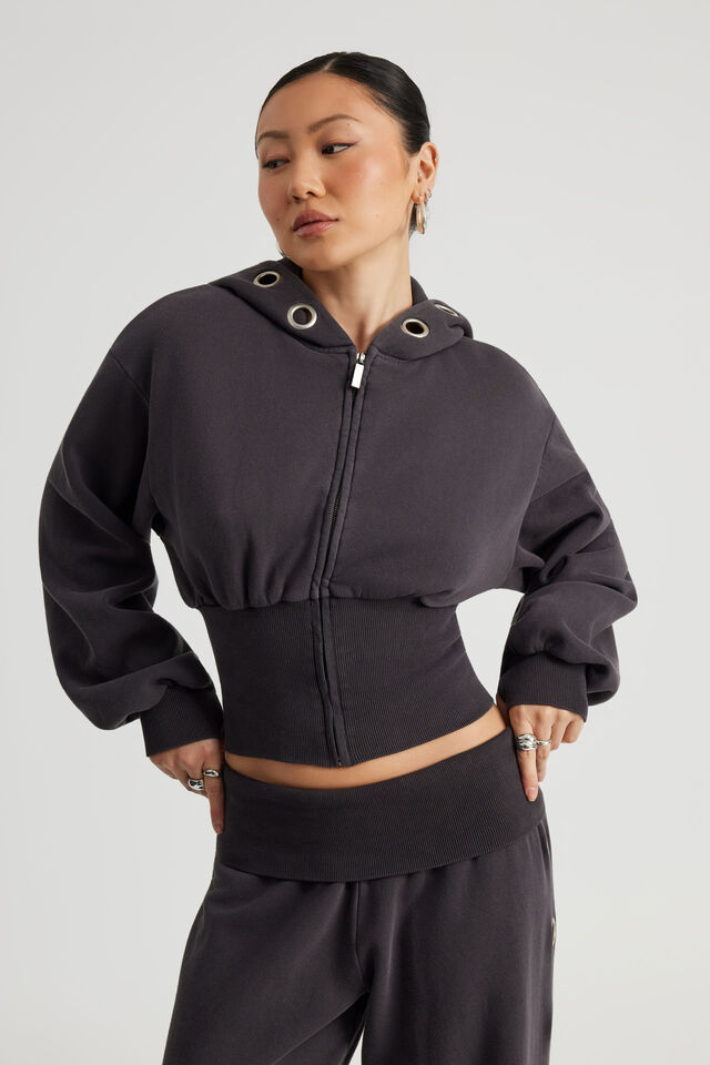 Notion Corset Zip Through Hoodie, NTN WASHED BLACK/EYELET