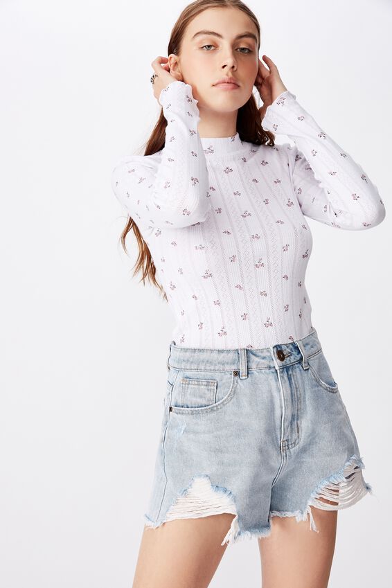 Ls Pointelle Lettuce Edge Funnel Neck, WHITE BASE DITZY