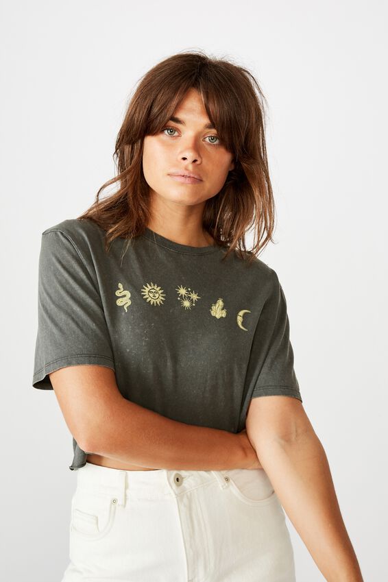 Short Sleeve Raw Edge Crop T Shirt, WASHED ASPHALT/CELESTIAL ELEMENTS