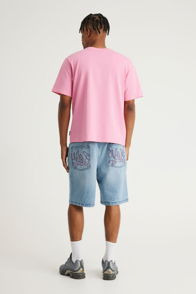 Half Half Baggy Denim Short, BLUE LAGOON/HH PINK OUTLINE
