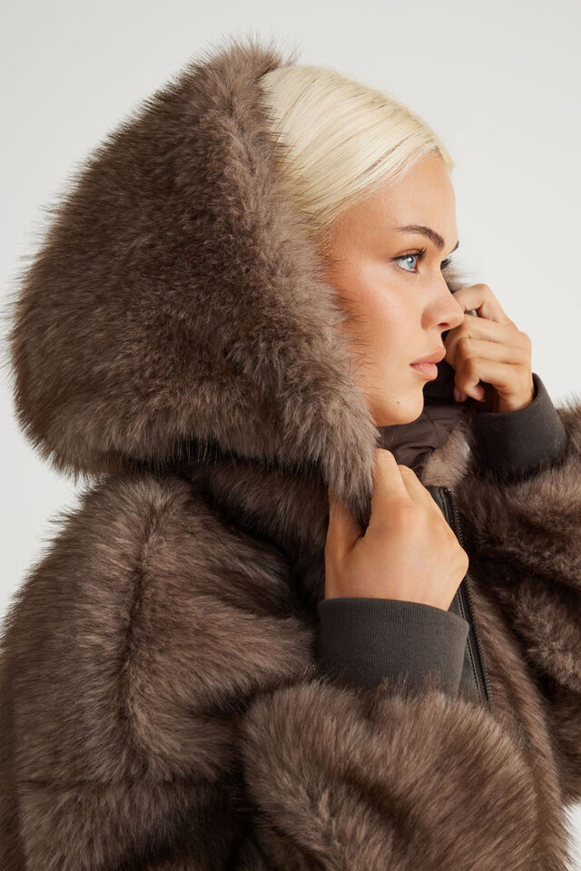 Cold Crush Faux Fur Bomber, MOCHA MATRIX